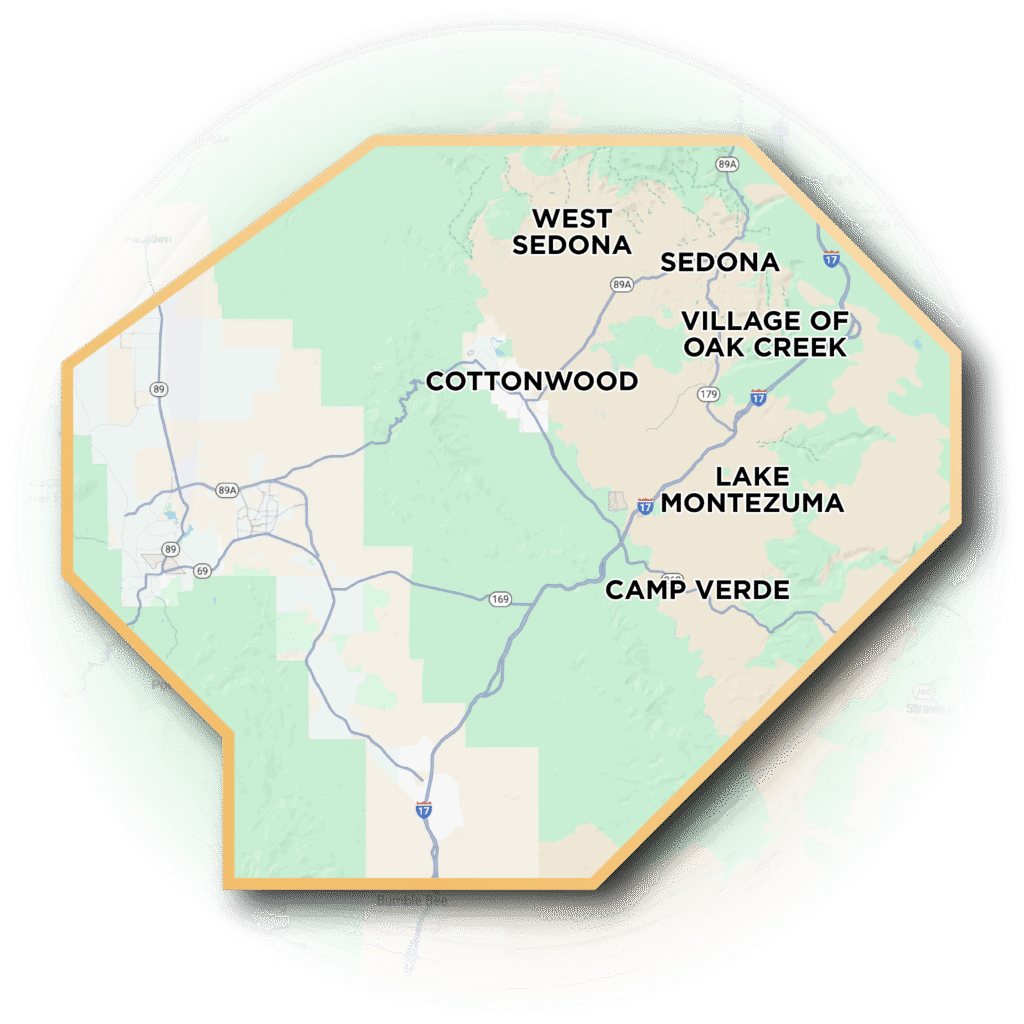AZTM ProWash service area map covering Cornville, Cottonwood, Camp Verde, Lake Montezuma, Sedona, and West Sedona
